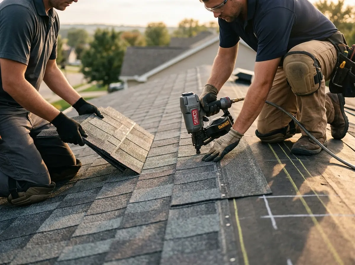 Professional roofer working on a residential roof in Ann Arbor